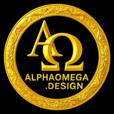ALPHAOMEGA.DESIGN Bright Gold Logo with Ornate Circular Frame